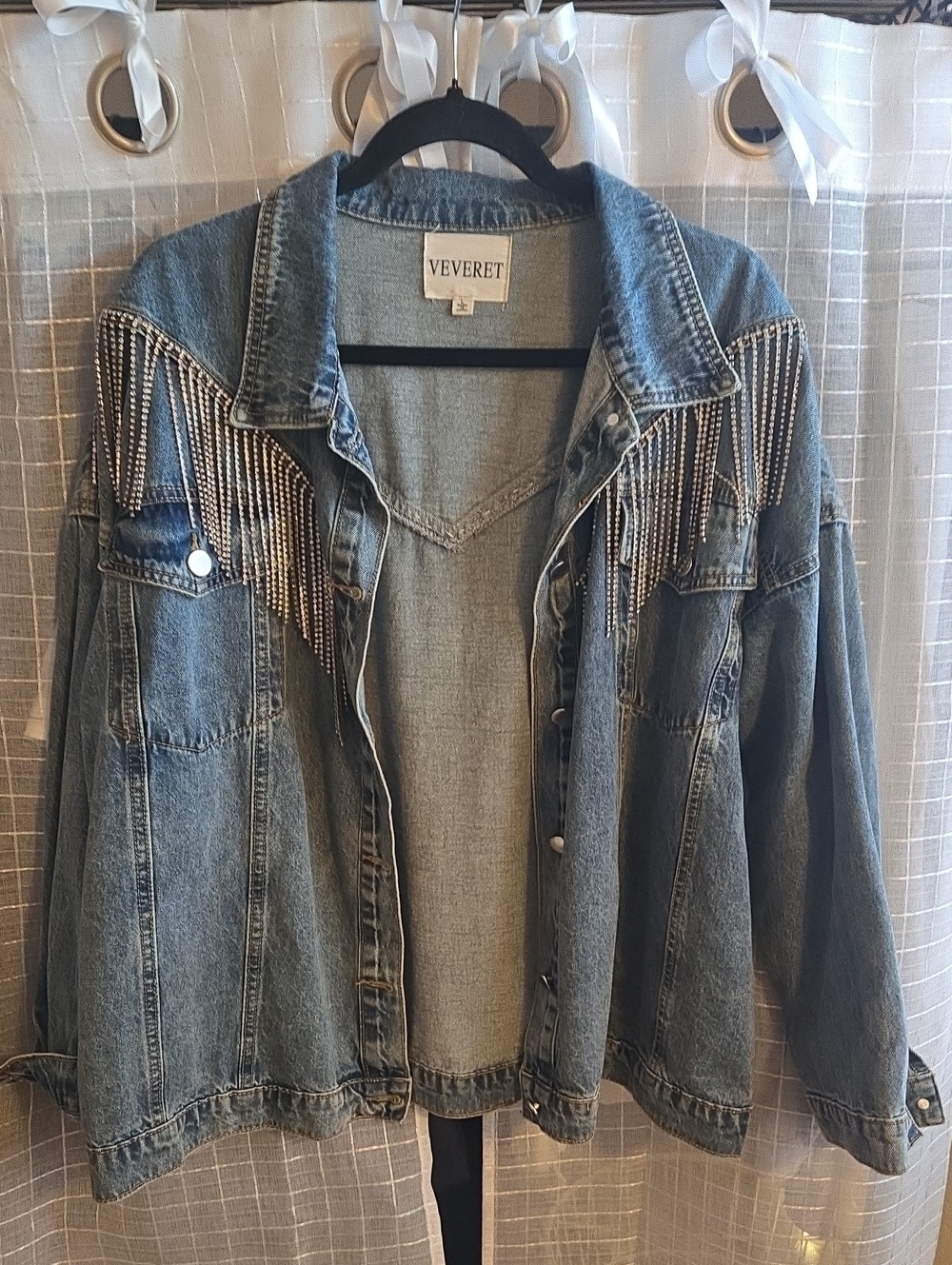 Everet Women's Blue Denim Jacket with Rhinestone Fringe Details